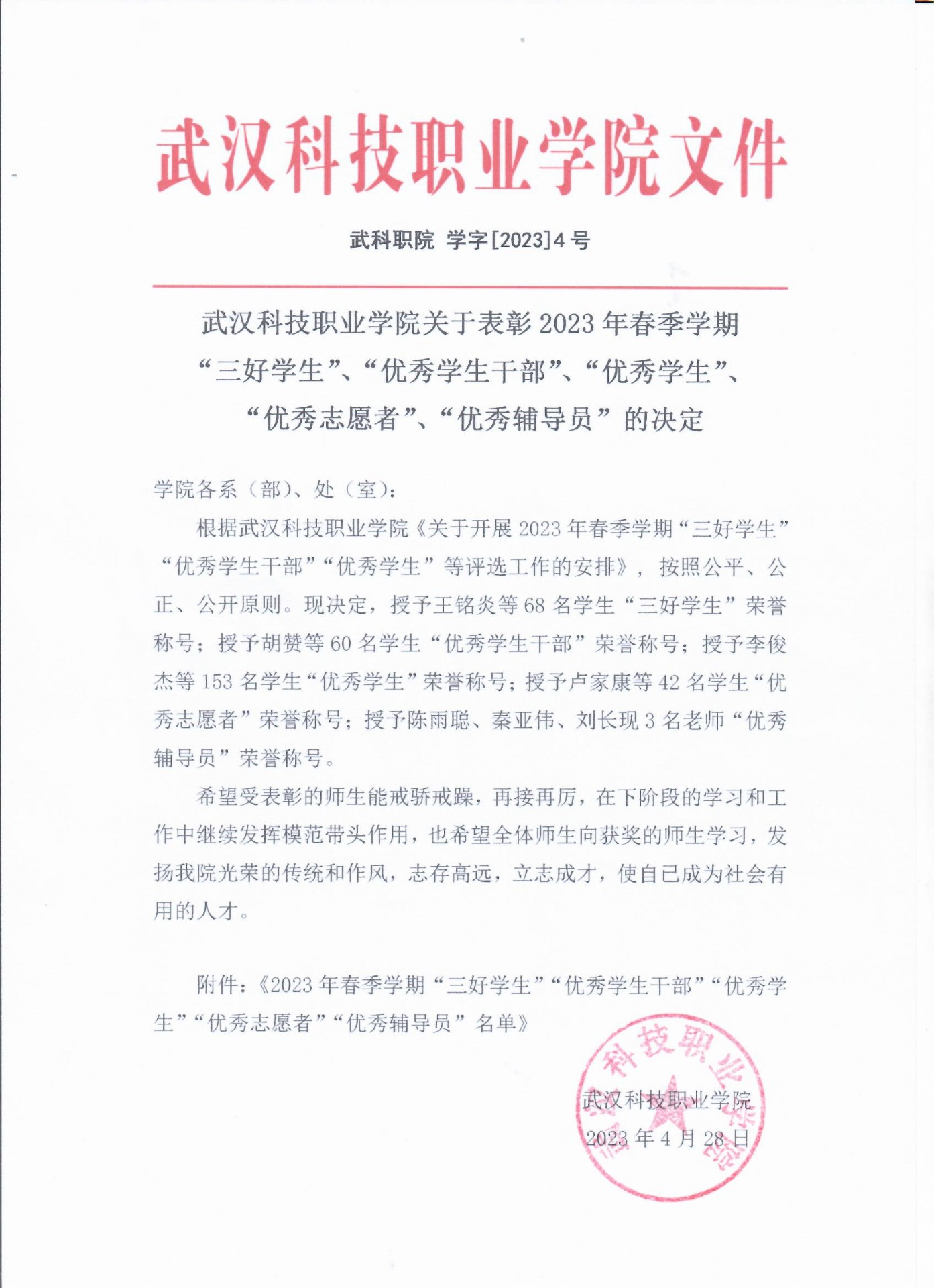 关于表彰申慱官网2023年春季学期“三好学生”、“优秀学生干部”、“优秀学生”、“优秀志愿者”、“优秀辅导员”的决定