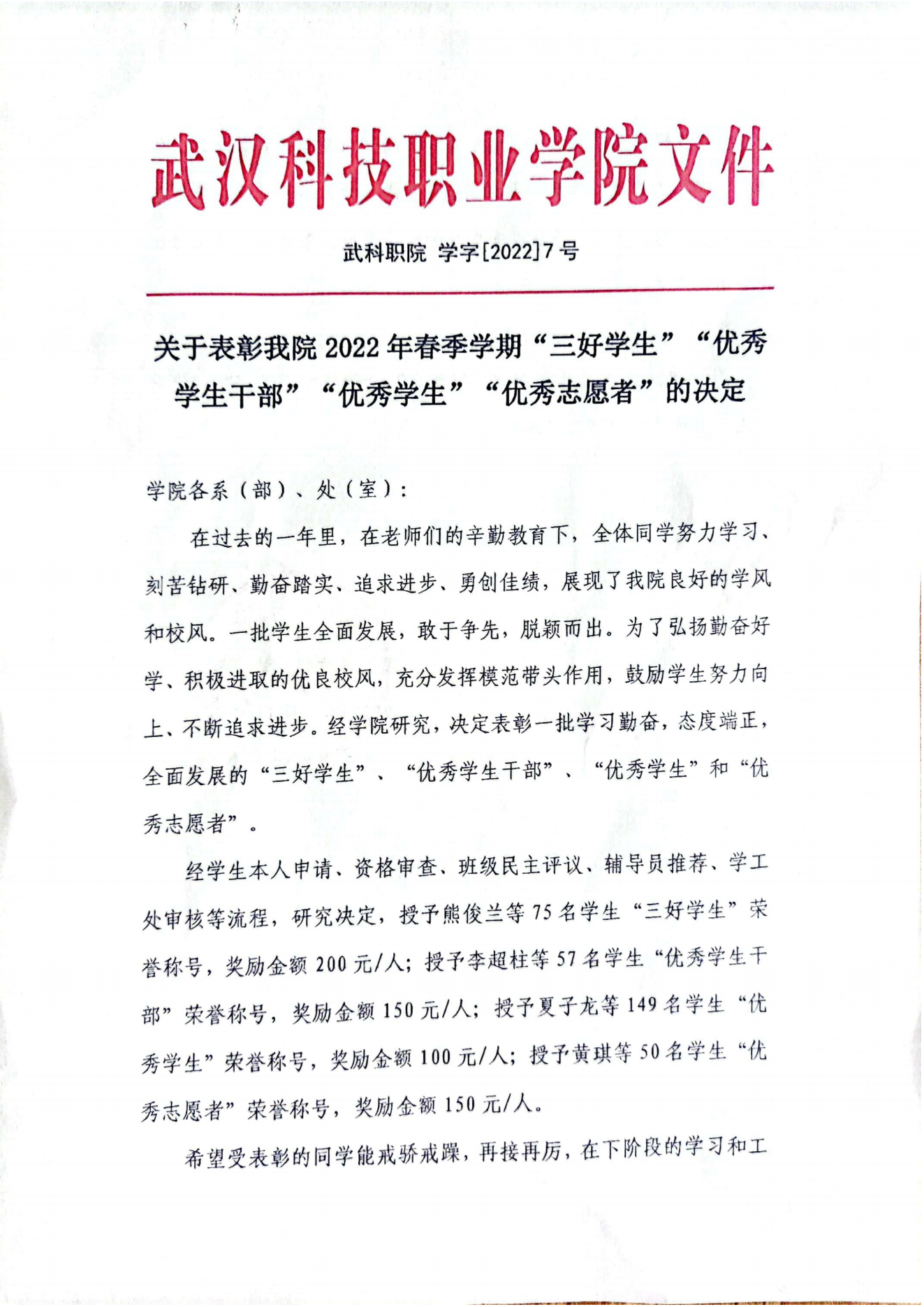 关于表彰申慱官网2022年春季学期“三好学生”“优秀学生干部”“优秀学生”“优秀志愿者”的决定